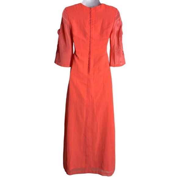 Vintage 60s Embroidered Chiffon Maxi Dress S Pink Floral Bell Sleeve Lined Zip - Picture 5 of 6